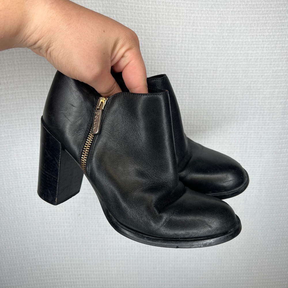 Pollini Black Leather Block Heel Ankle Boots Side Zip Made in Italy Size 37